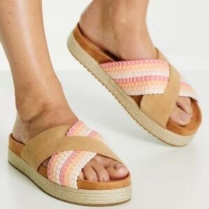 Toms Paloma Honey Suede Woven Trim Pink Peach Spring Summer Sandal Size 9 NEW